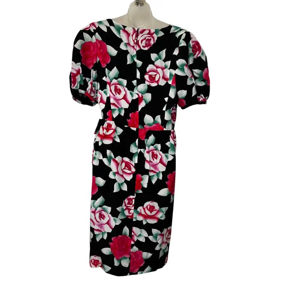 Vintage Nipon Boutique Silk Dress 8 Black Airbrushed‎ Roses Side Bow Wrap Look